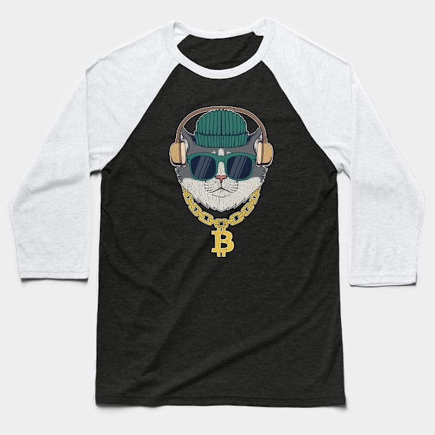 Bitcoin Gangster Cat With Sunglasses Gold Chain BTC Crypto Baseball T-Shirt by BonnaVida